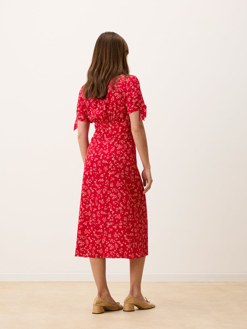 LAURA Dress back view, gathers and bow sleeves, red floral midi dress by Rouje