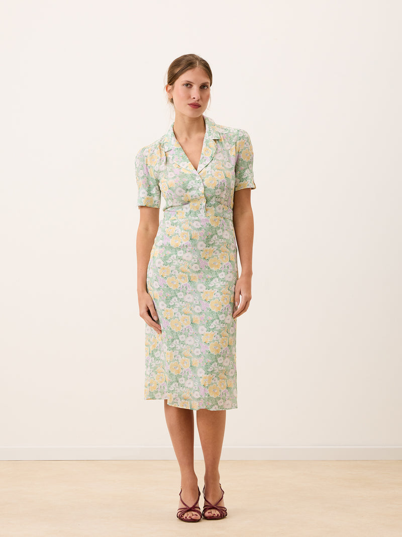 ANAIS Jardin parisien floral midi dress, side view by Rouje