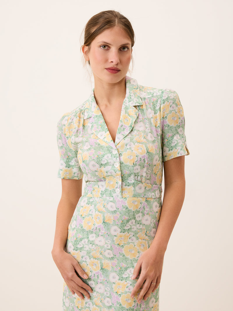 ANAIS pastel green floral midi dress worn on a model by Rouje