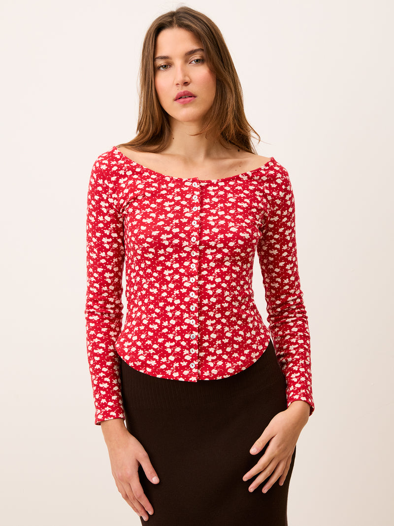 BEATA red sweet-pea print cotton top worn on a model by Rouje