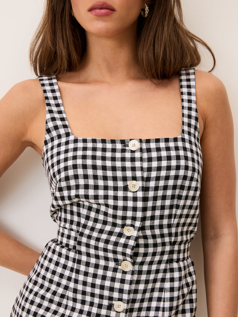 BENEDICTA black gingham dress, detail of drawstring waist by Rouje