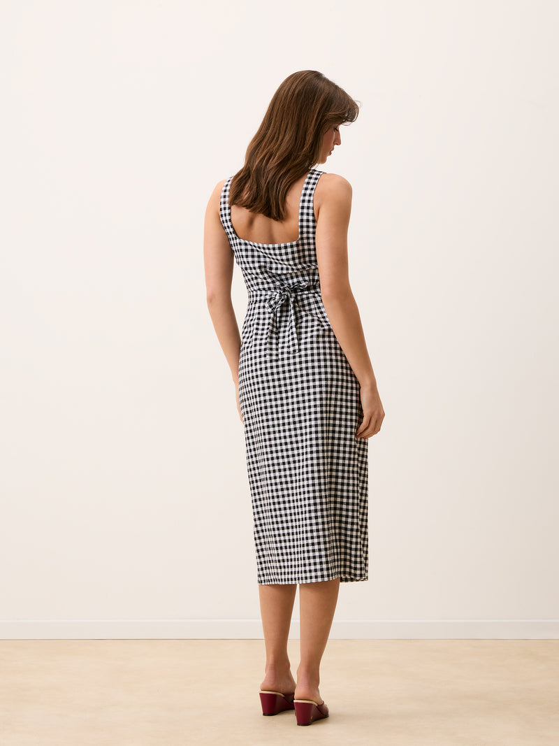 BENEDICTA black gingham sleeveless midi dress, back view by Rouje