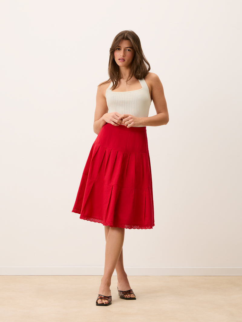 CORALINE red cotton ruffled flared midi skirt, 3/4 view by Rouje