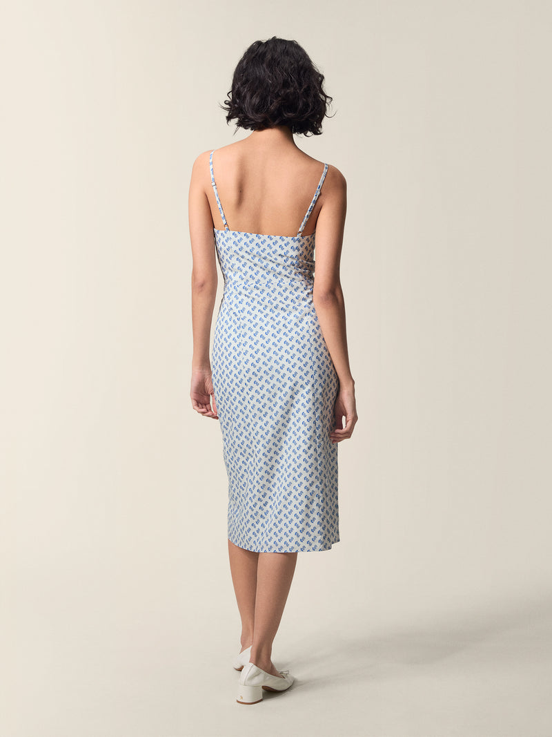 Back view of the blue Flora dress.