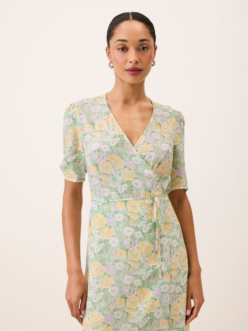 GABINETTE green floral wrap short dress, side view by Rouje