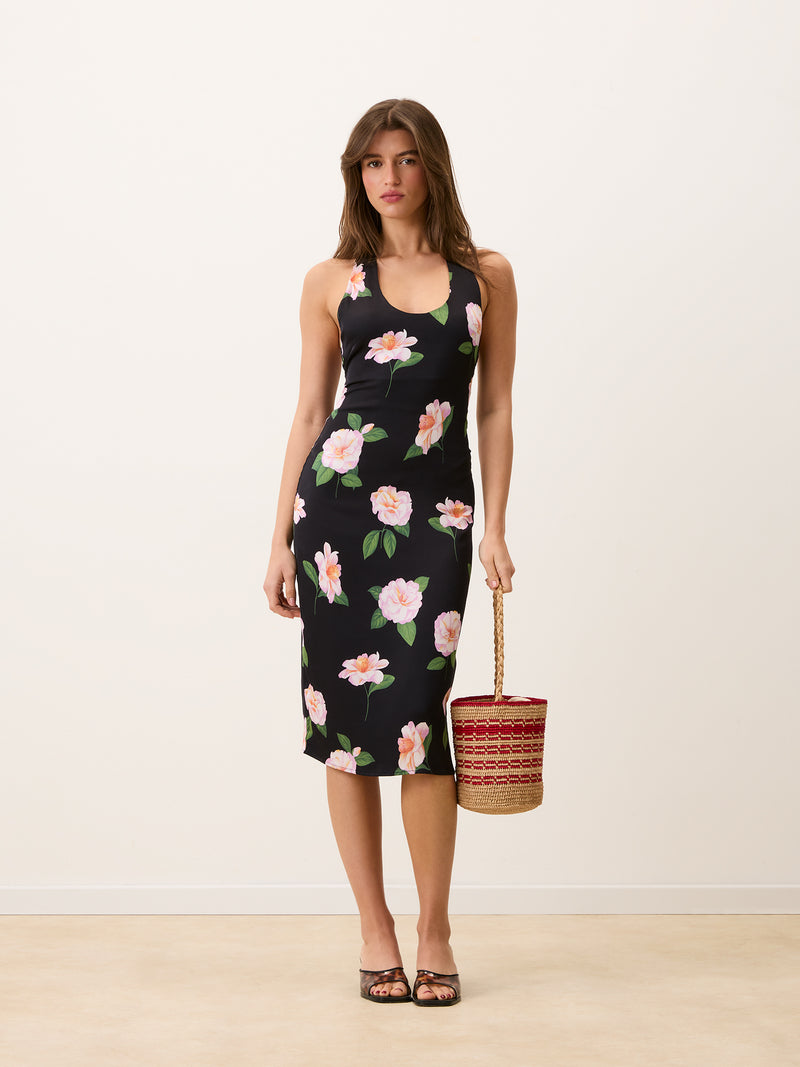 GAIA black floral halter midi dress worn on a model by Rouje