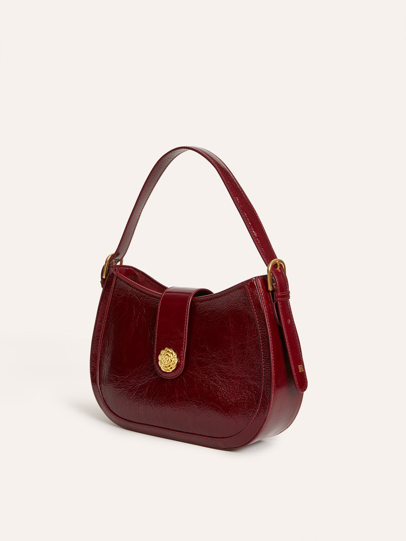 GALA burgundy vintage patent leather handbag, back view by Rouje