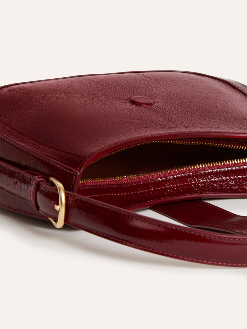 GALA burgundy vintage leather handbag, detail of golden rose by Rouje