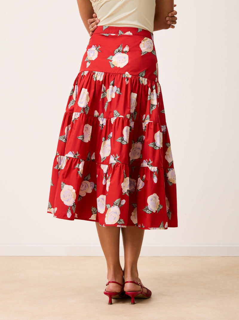 GRAZIA Rose Drama red floral print midi skirt, front view by Rouje