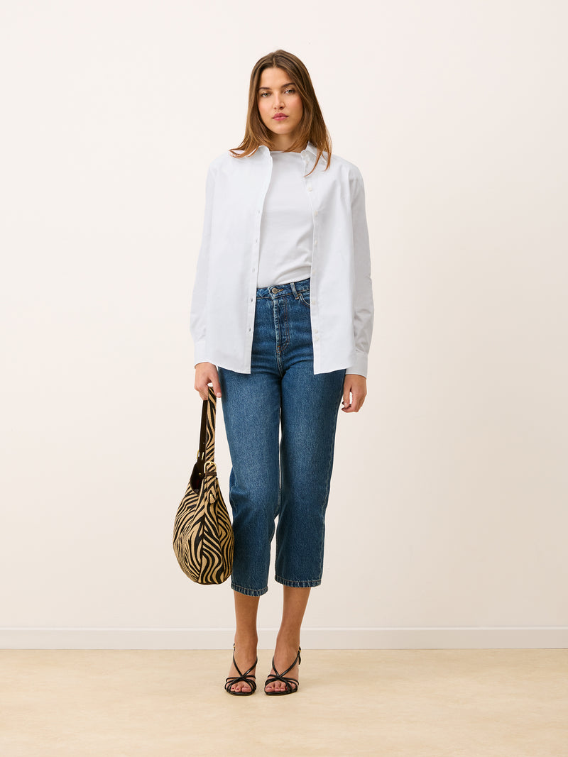 HARPER oxford white oversized shirt worn on a model by Rouje