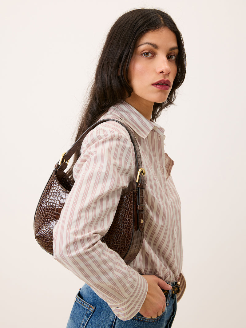 HARPER ecru striped oversized shirt worn on a model by Rouje