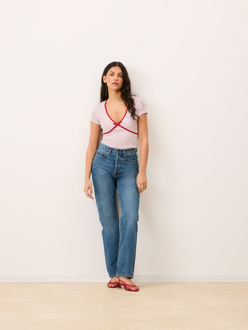 KARENE pink V-neck T-shirt, detail of contrast trim by Rouje