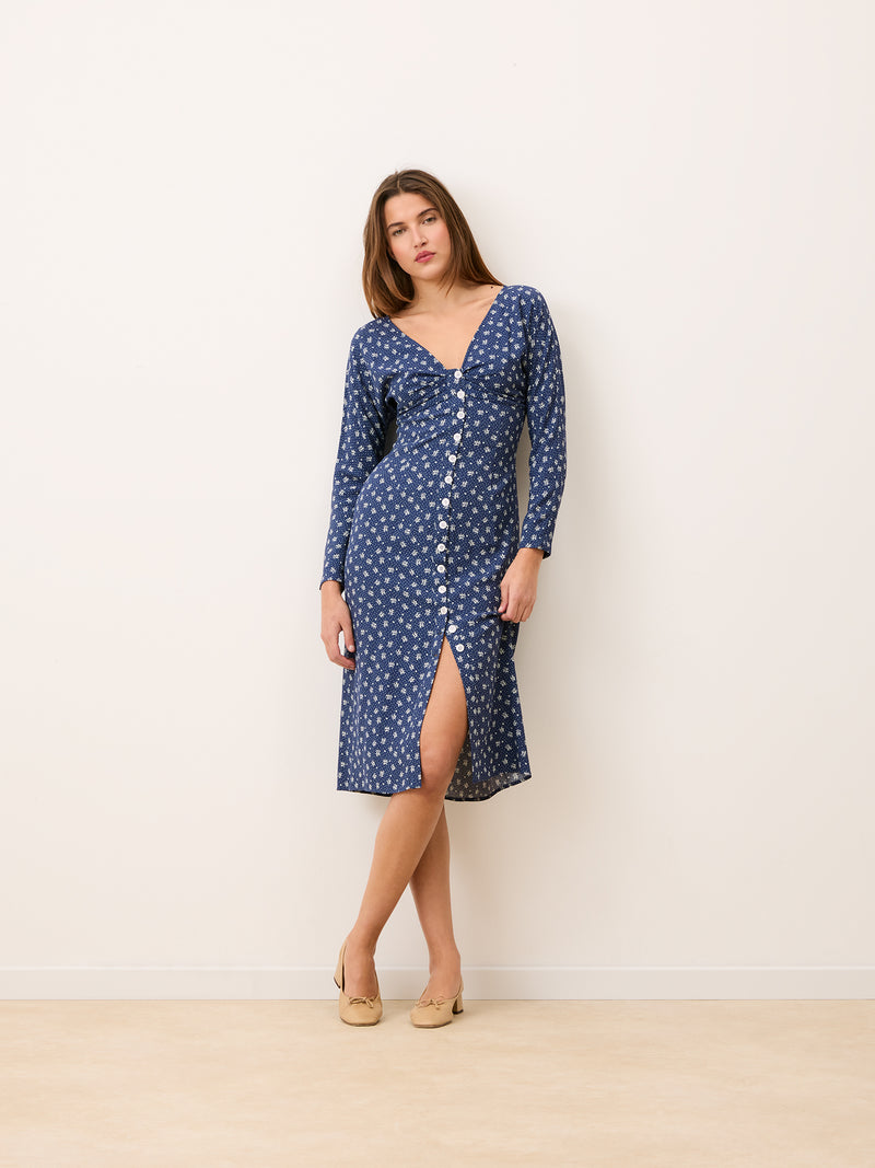 LENA denim print long dress worn on a model by Rouje