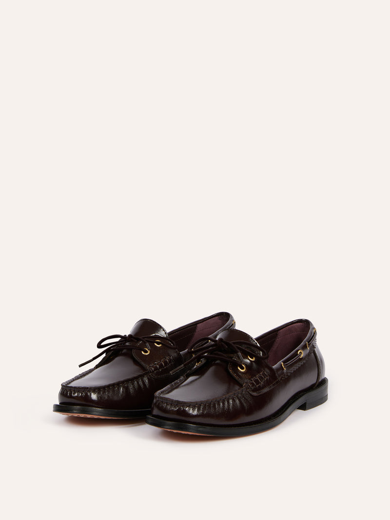 MOC coffee patent leather loafers, side view by Rouje