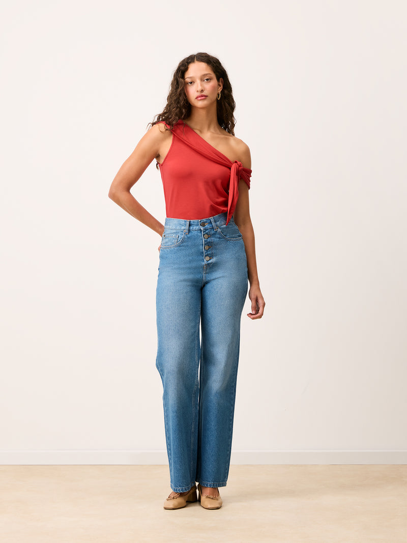 VENUS red off-the-shoulder top, detail of side bow by Rouje