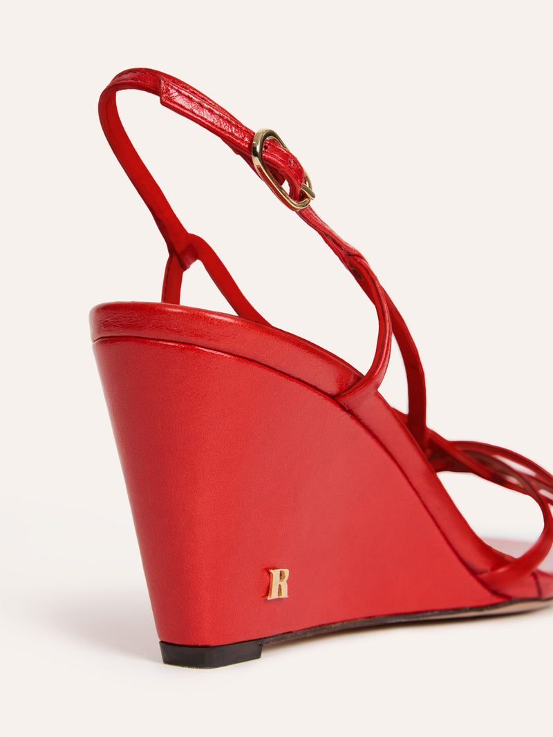 NINE red leather wedge sandals, back view showing R logo on heel by Rouje