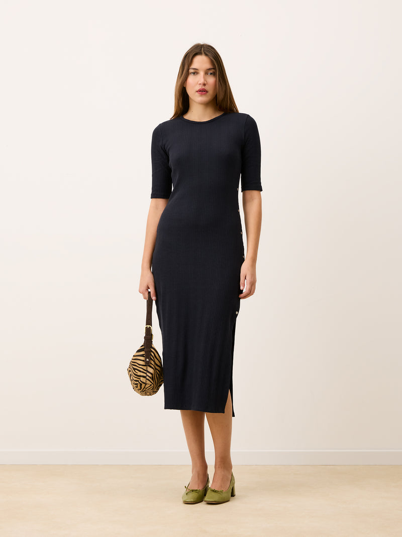 VIVIANE storm long pointelle knit dress worn on a model by Rouje